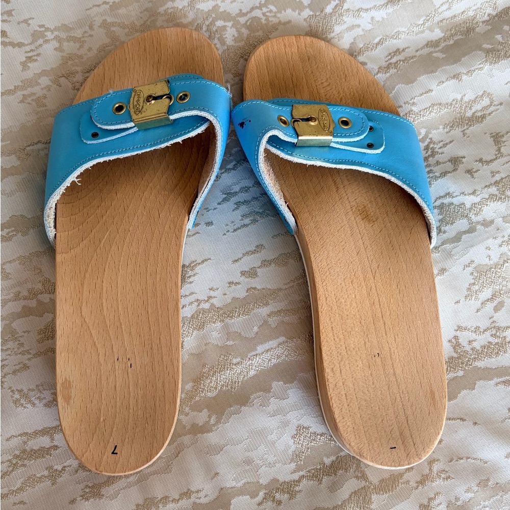 Vintage Dr. Scholl's Aqua Leather Slide Sandals with Gold Accent Buckles - Picture 2 of 5